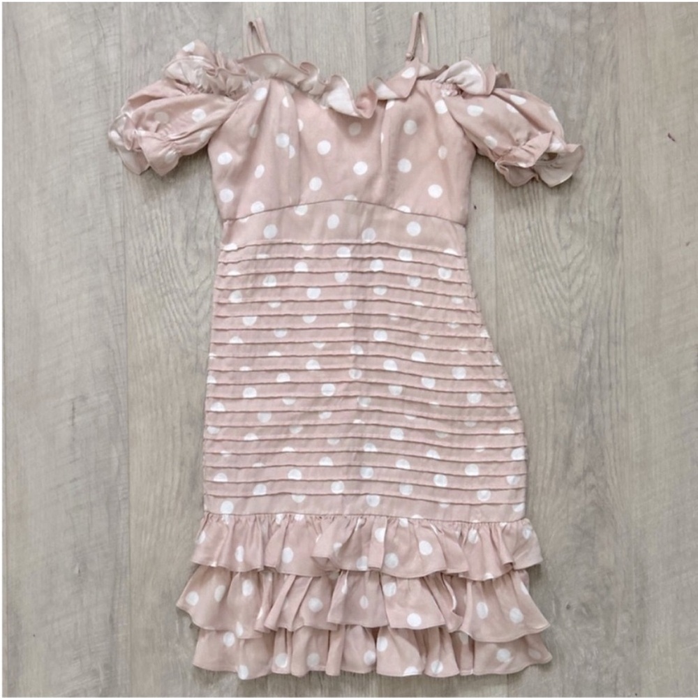 Revolve Bardot Linen Blend Blush Pink Polka Dot Dress Sz 2